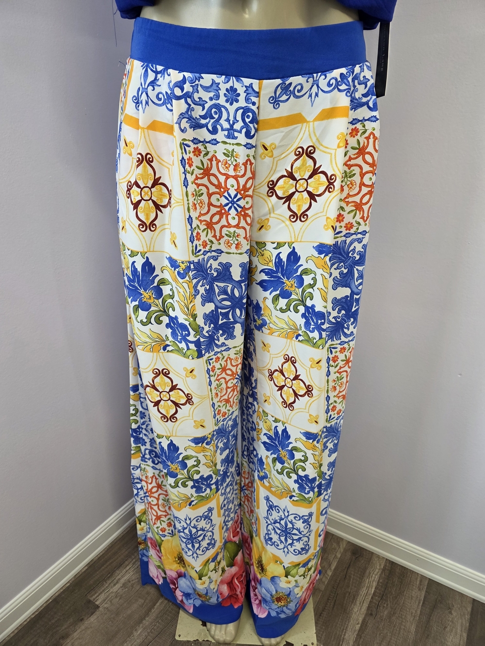 Lulumari Women’s Multicolor Floral Wide-Leg Pants Elastic Waist, Size L